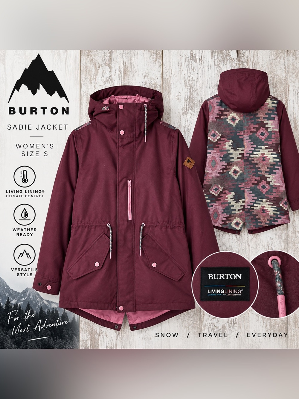 Burton Sadie Women’s Jacket Size S Burgundy Living Lining Hooded Parka